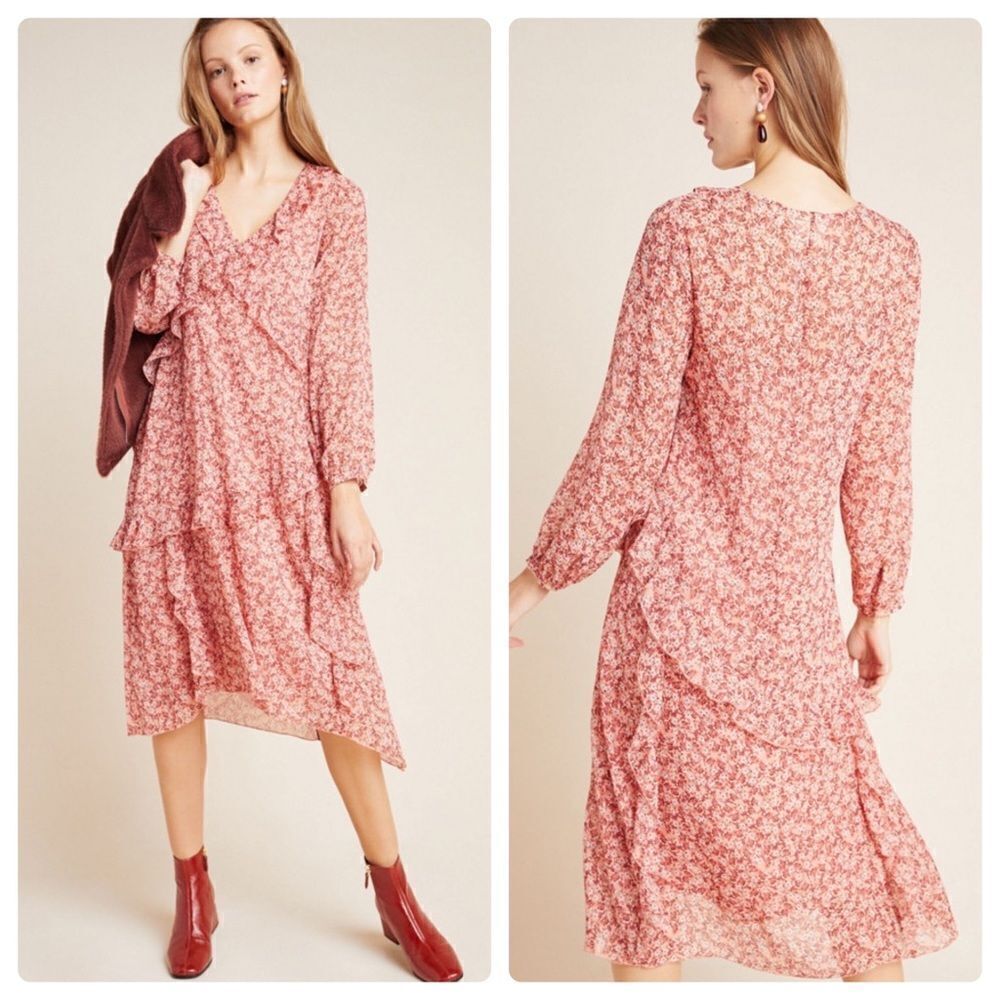Anthropologie Serina Ruffles Midi Dress 👗// Pink // Maeve // Petite
